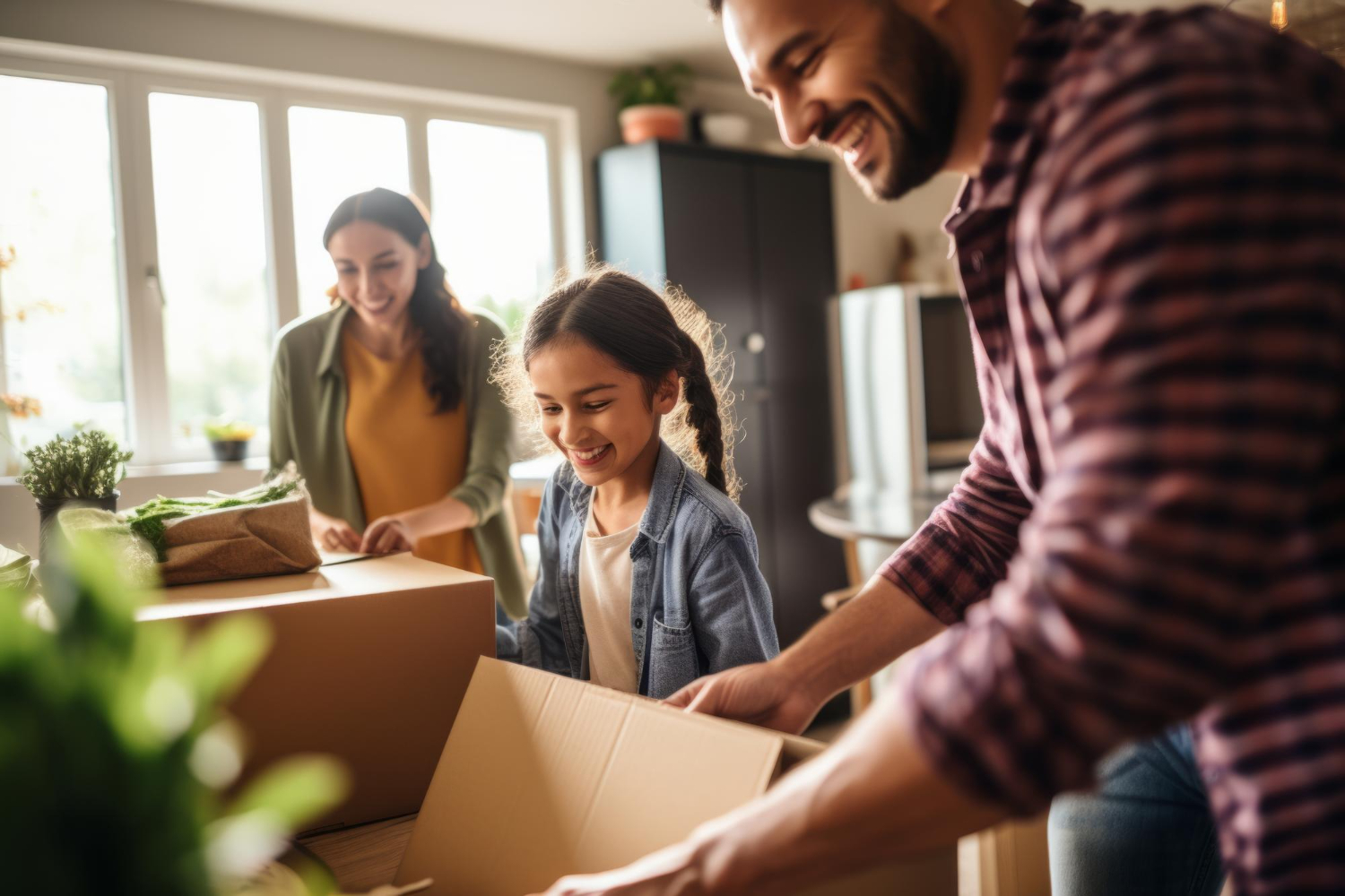 "Image représentant une famille heureuse en train de déménager dans leur nouvelle maison, illustrant parfaitement le processus de déménagement, avec un focus spécifique sur la garde alternée pour les enfants des familles divorcées ou séparées."