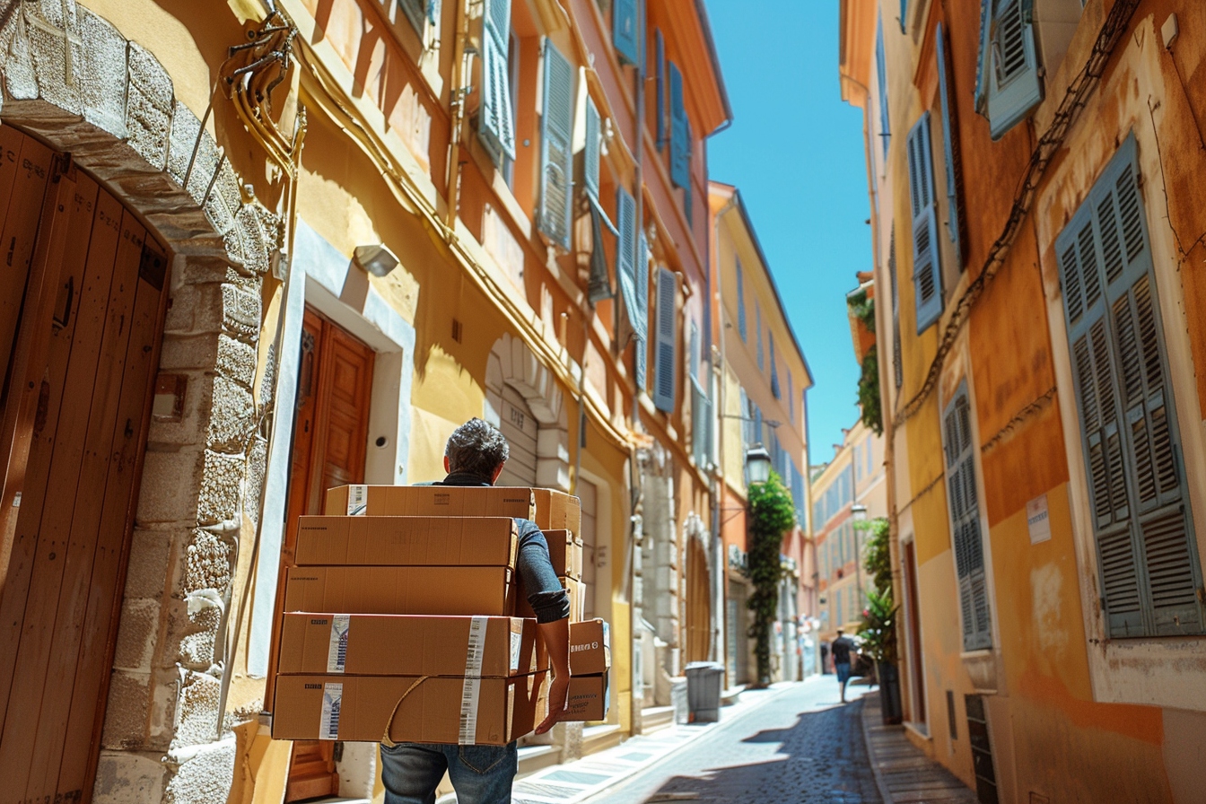 Deux personnes souriantes transportant des cartons dans une ruelle pittoresque de Nice, illustrant efficacement un déménagement sans camion réussi.