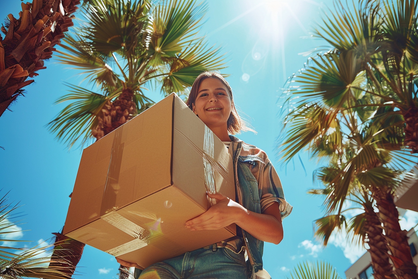 Aide ménagère souriante préparant des cartons lors d'un déménagement à Nice pour faciliter la transition des clients désireux de bénéficier d'une aide ménagère.