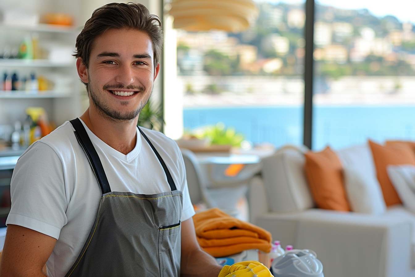 Alt d'image: "Aide ménagère souriante prête à faciliter votre déménagement à Nice, procurant un service de nettoyage efficace pour une transition sans souci.