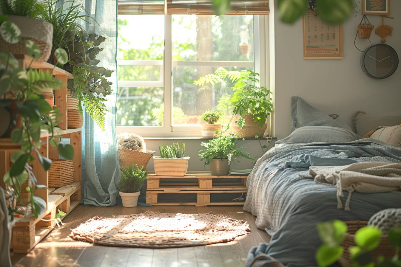 Chambre d'enfant magnifiquement décorée avec matériaux recyclés reflétant l'esprit du réemploi et l'harmonie écologique